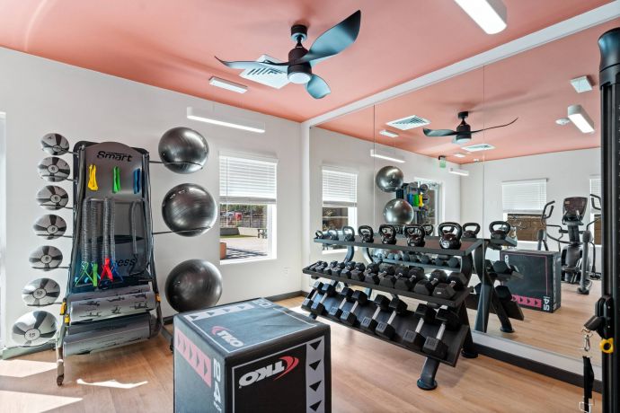 Sierra on 66 Modern gym with dumbbells, kettlebells, exercise bands, stability balls, and large mirrors on the wall.