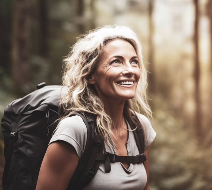 Sierra on 66 Smiling woman with a backpack hiking in a sunlit forest, looking upwards.