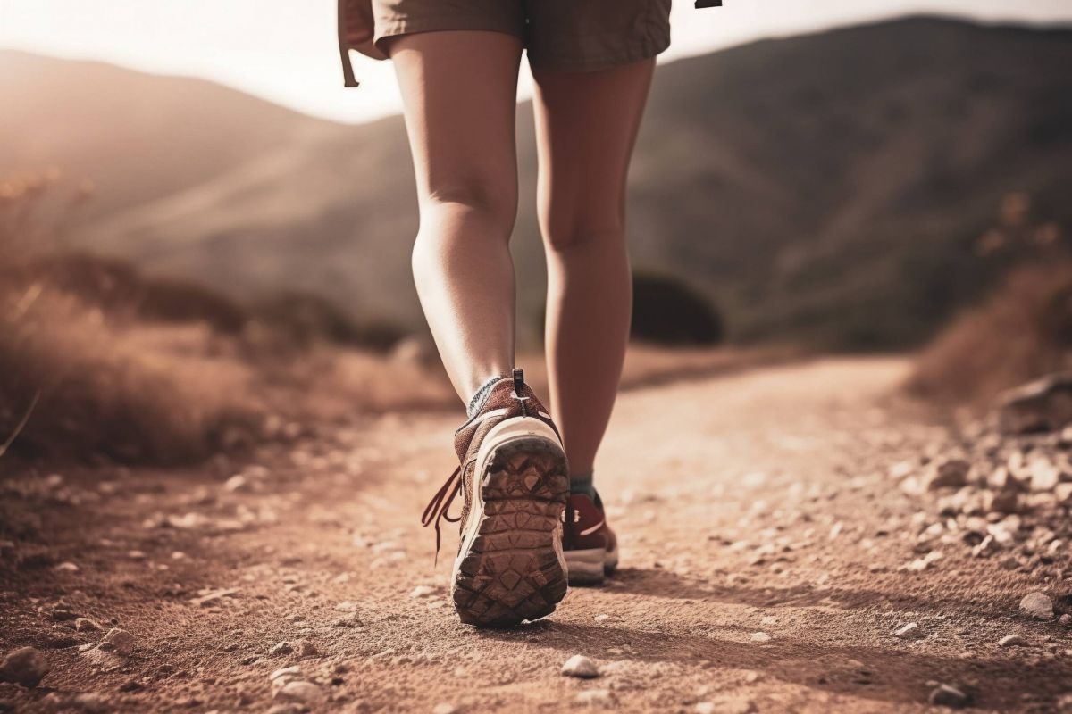 Sierra on 66 Close-up of a person hiking on a dirt trail with mountains in the background, wearing shorts and sneakers.
